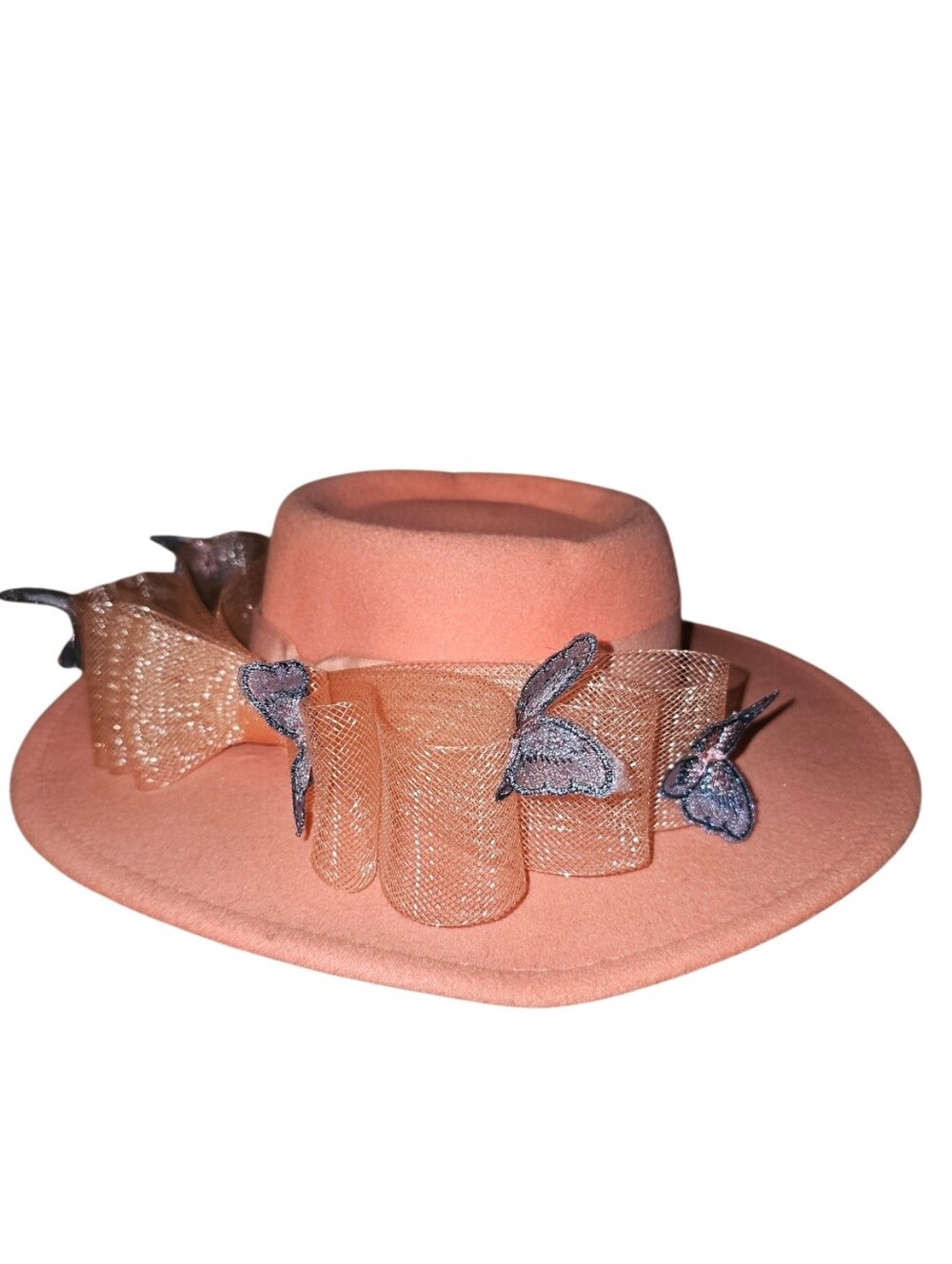 💰Elegant Peach Women's Felt Hat with Decorative Bow and Butterfly Accents
